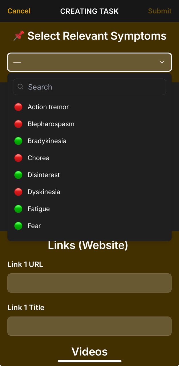 Tasks Page (Create Task, Relevant Symptoms Option)